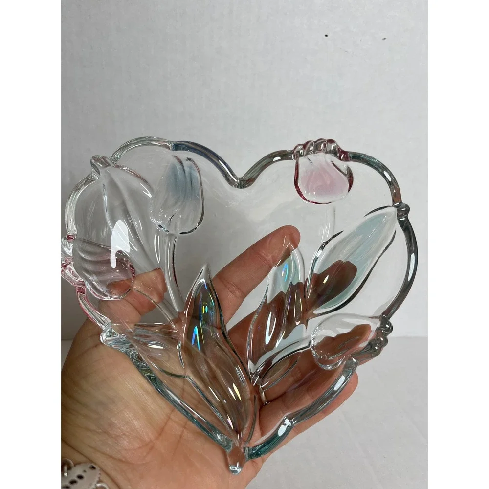 Vintage Mikasa Crystal Heart Bowl Cottagecore Iridescent Embossed Tulip Glass